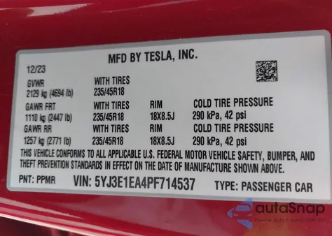 2023 Tesla Model 3 Rear-Wheel Drive from USA, damaged, VIN 5YJ3E1EA4PF714537